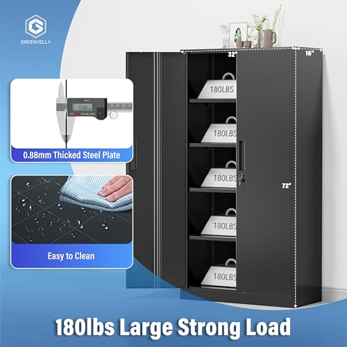 Metal Cabinet, 72" Black Locking Metal Storage Cabinet with 2 Doors and 4 Adjustable Shelves, Lockable Garage Storage Cabinets for Home Office, Garage, Kitchen, Living Room