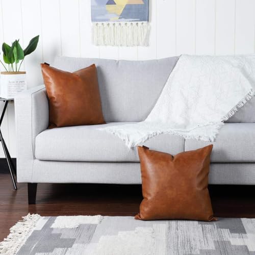 Set of 2 Faux Leather Decorative Throw Pillow Covers Modern Solid Outdoor Cushion Cases Luxury Pillowcases for Couch Sofa Bed 20x20 Inches Brown