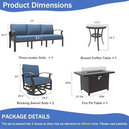 Aluminum Patio Furniture Set,5 Piece Modern Metal Outdoor Patio Furniture w/5.1'' Thick Cushion,Swivel Chairs and 45" Propane Fire Pit Table,Patio Conversation Sets for Porch,Deck,NavyBlue