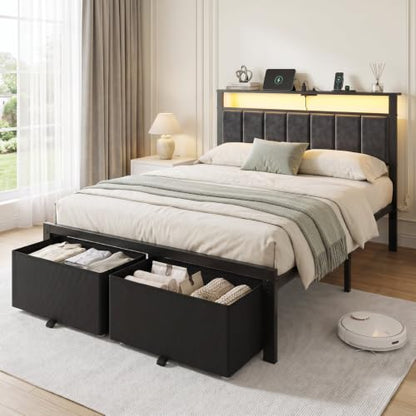 Full Size Bed Frame with Upholstered Headboard and 2 Storage Drawers, view 7
