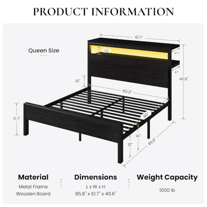 Queen Bed Frame, 2-Tier Storage Headboard, LED, Charging Station, view 3