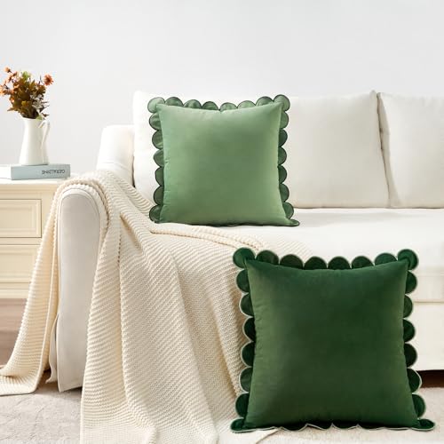 Decorative Throw Pillow Covers Cushion Cases, Set of 2 Soft Velvet Scalloped Round Edge Designs, Mix and Match for Home Decor, Pillow Inserts Not Included (16x16 inch, Green/Light Green)