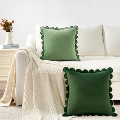 Decorative Throw Pillow Covers Cushion Cases, Set of 2 Soft Velvet Scalloped Round Edge Designs, Mix and Match for Home Decor, Pillow Inserts Not Included (16x16 inch, Green/Light Green)