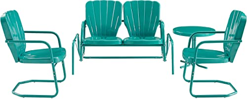 Ridgeland 4-Piece Retro Metal Outdoor Loveseat Glider Patio Furniture Set for Porch, Deck, Turquoise Gloss