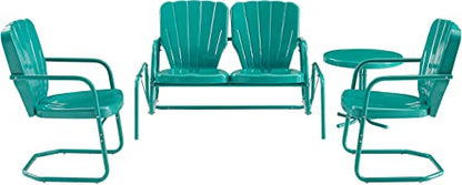 Ridgeland 4-Piece Retro Metal Outdoor Loveseat Glider Patio Furniture Set for Porch, Deck, Turquoise Gloss