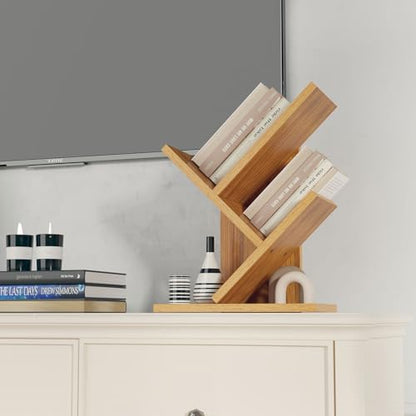2 Tier Tree Bookshelf, Small Bookcase, Modern Wood Book Storage Rack Organizer, Freestanding Book Shelf for Books/Movies/CDs, Display Rack for Bedroom, Home Office, Natural UHBC012N