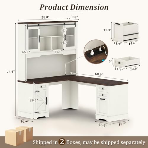 68.9'' Farmhouse L Shaped Desk with Hutch and Drawers, view 3