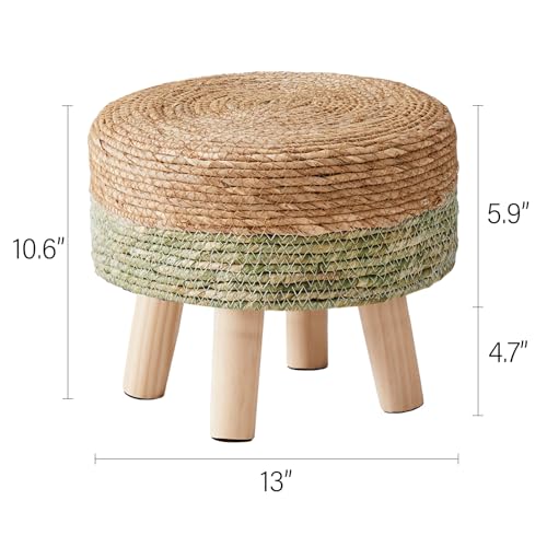 Ottoman Natural Seagrass Footrest Poufs Hand Weave Round Foot Stool for Couch Desk Soft Step Stool Padded Foot Rest with Pine Legs for Living Room Bedroom Natural/Green