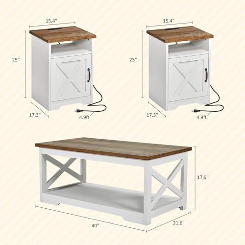 5-Piece Farmhouse Table Set Include 63" TV Stand with 26" Fireplace, 40" Coffee Table, 2 End Tables with Charging Station & USB Ports, Living Room Table Sets with Barn Door, Rustic Oak&White