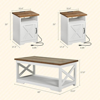 5-Piece Farmhouse Table Set Include 63" TV Stand with 26" Fireplace, 40" Coffee Table, 2 End Tables with Charging Station & USB Ports, Living Room Table Sets with Barn Door, Rustic Oak&White