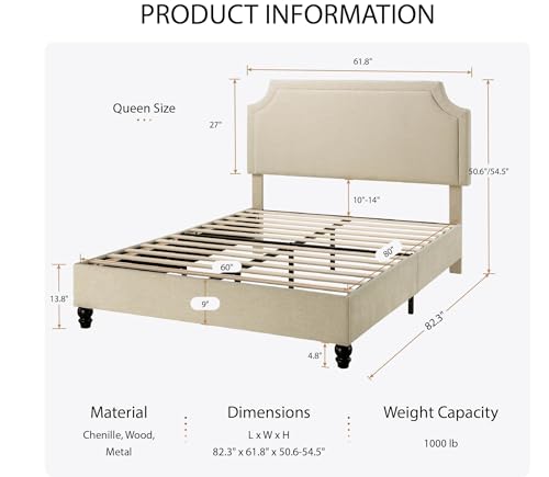 Queen Chenille Upholstered Platform Bed Frame, Beige, view 3