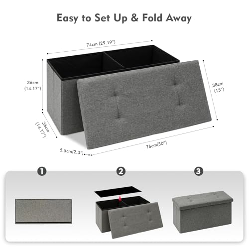 Storage Ottoman with Flipping Lids, Ottoman Bench Footrest Seat, Linen 30"x15"x15" (Grey)