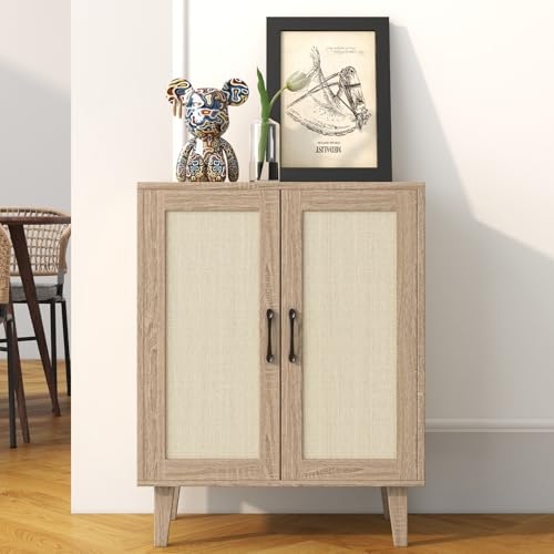 Buffet Cabinet Sideboard with Rattan Decorated Doors Kitchen Storage Cupboard Accent Cabinet (Natural Wood)