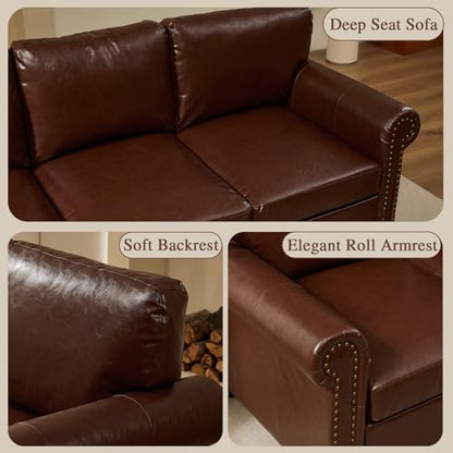 79” Leather Sofa Couch with Storage, Mid Century Modern Rolled Arm Couches for Living Room Furniture, Nailhead Trim, Dark Brown