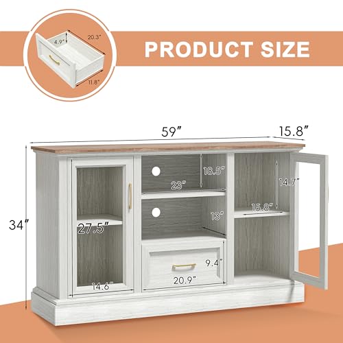 Farmhouse TV Stand for 55/60/65 Inch TV, Tall Media Console with 2 Glass Doors & 3 Adjustable Shelves, Wood Entertainment Center with Cubbies & Drawers for Living Room, Rustic White