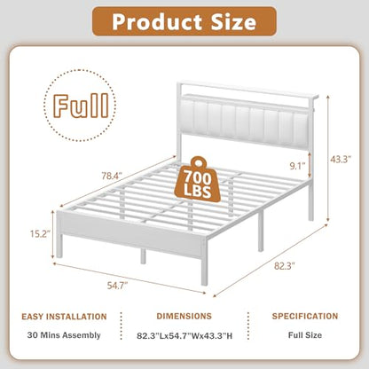 White Full Size Bed Frame with Charging Station & LED Lights, view 3