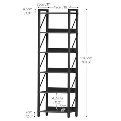 Bookshelf, 6-Tier Industrial Bookcase, Book Shelf Storage Organizer, Tall Bookshelf with Metal Frame for Living Room, Bedroom, Home Office, Kitchen, Black BB72SJ01