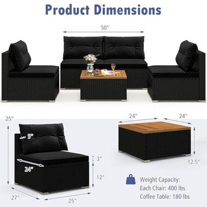 5 Pieces Wicker Patio Furniture Set, Outdoor 4 Armless Rattan Sofa & Coffee Table Set, with Cushions, Acacia Wood Tabletop, Sectional Patio Conversation Set for Lawn, Yard, Poolside, Black