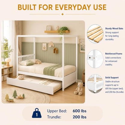 Full Size Canopy Bed with Trundle, Solid Wood Daybed Frame for Kids and Teens, view 6