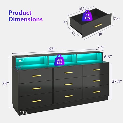 Black 9 Drawer Dressers for Bedroom, view 3