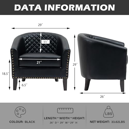 PU Leather Accent Chair, Barrel Club Chair Modern Upholstered Armchair for Living Room, Comfy Nailed Trim Arm Chair Bedroom Reading Seat, Black