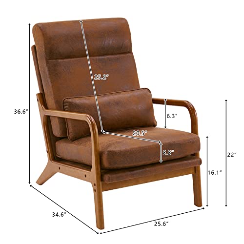 Accent Chair High Back Mid-Century Modern, Brown | Bronzing Cloth Upholstered, Walnut Color Solid Rubber Wood Frame, Soft Cushion with Pillow, For Living Room, Bedroom, Balcony