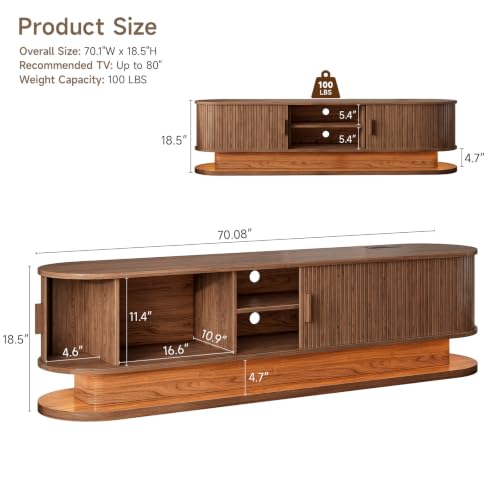70" TV Stand Up to 80 Inch, Fluted Media Console Cabinet Walnut, view 3