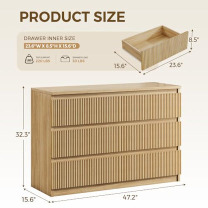 6 Drawer Fluted Dresser, Modern Chest of Drawers for Bedroom with Hidden Handles, view 3