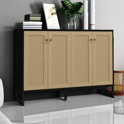 Sideboard Accent Storage Cabinet with Rattan Decorated 4 Doors Dining Room Freestanding Kitchen Buffet Table Cupboard (Black)