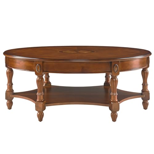 Traditional Wood Oval Coffee Table with Drawer, Beewax Tone | 2-Tier Living Room Cocktail Table with Storage Shelf, Wooden Center Table with Carvings Legs, 44.9"Wx29.9"Dx18.2"H Tea Table
