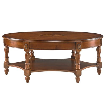 Traditional Wood Oval Coffee Table with Drawer, Beewax Tone | 2-Tier Living Room Cocktail Table with Storage Shelf, Wooden Center Table with Carvings Legs, 44.9"Wx29.9"Dx18.2"H Tea Table