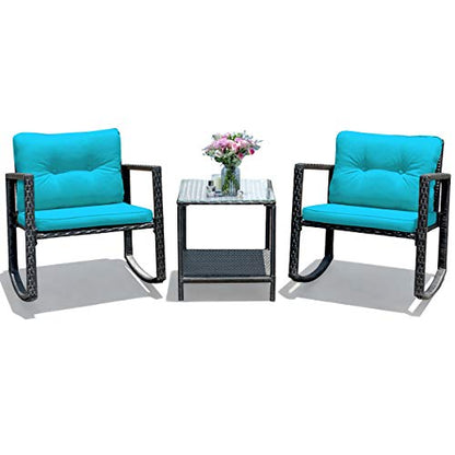 3 Pieces Patio Wicker Rocking Bistro Set, Outdoor Rocking Chair Furniture Set w/Cushioned Seat, Conversation Set w/Glass Coffee Table and Storage Shelf (Turquoise)