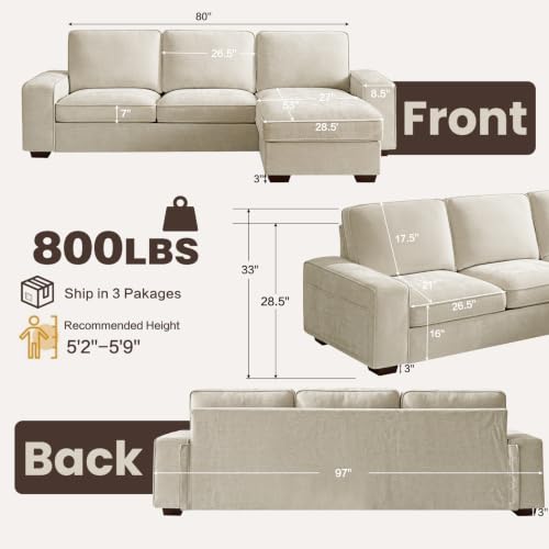 97" L-Shaped Sectional Couch with Storage, Sofa with Reversible Chaise, USB Type-C Charging, Chenille Fabric, Removable Covers, for Small Space, Apartment, Living Room (Beige, 53" Chaise)