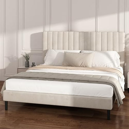 Queen Velvet Bed Frame with Vertical Channel Tufted Headboard Beige, view 4