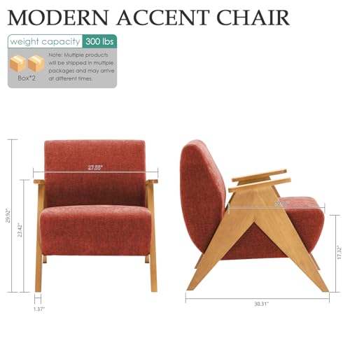 Home Accent Chair Mid Century Modern Accent Chair with Wood Frame, Lounge Upholstered Armchair, Reading Chair, Sturdy Base,For Living Room, Bedroom,Office,Comfy Guest Waiting Room Chairs,Orange