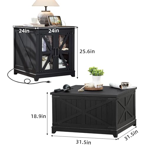 Farmhouse Coffee Table Sets 3 Pieces, Large End Side Tables with Charging Station and Coffee Table with Hidden Storage Compartment, Black Living Room Table Set, Wood Furniture Sets for Home Office