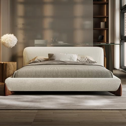 White Boucle King Size Platform Bed with Headboard, view 2