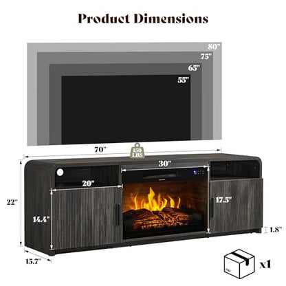 70" Fluted TV Stand with 30" Electric Fireplace, view 3