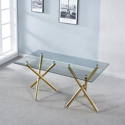 Rectangular Tempered Glass Dining Table with Double Stainless Steel Base, Dining Room Interior Design, for 6 People