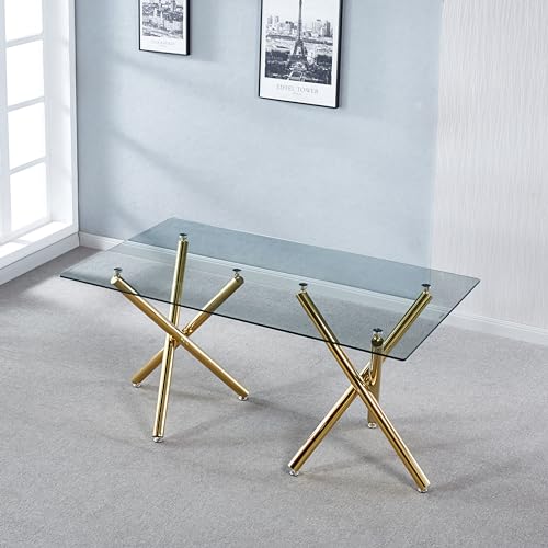 Rectangular tempered glass dining table with stainless steel base, view 2