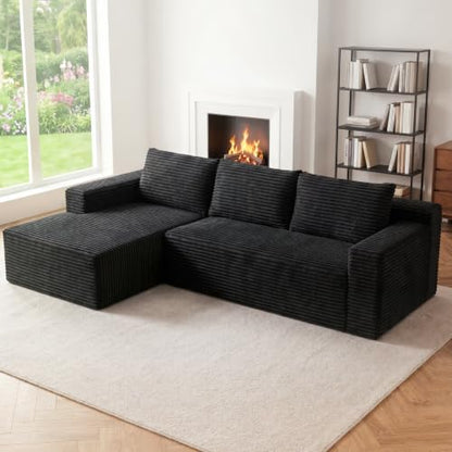 97" Cloud Couch Sectional, L Shaped Boneless Couch Sectional Couches for Living Room, Modern Comfy Corduroy Fluffy Modular Sofa with Deep Seat, No Assembly (Black, Left Facing Chaise)