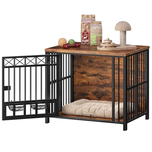 Foldable Dog Crate Furniture with 360° Rotating Double Bowls, view 8