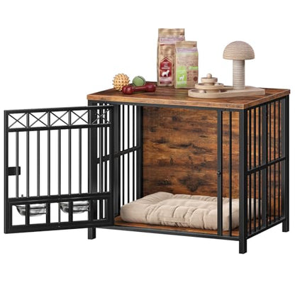 Foldable Dog Crate Furniture with 360° Rotating Double Bowls, view 8