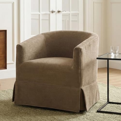 Swivel Accent Chairs Set of 2 for Living Room, 360° Upholstered Barrel Swivel Chairs with Skirted Base, Modern Linen Armchairs for Bedroom, Reading Nook, Small Space, Brown