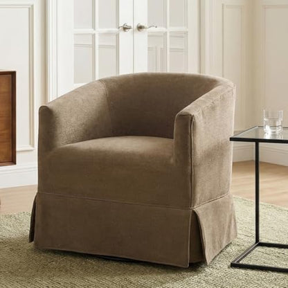 Swivel Accent Chairs Set of 2 for Living Room, 360° Upholstered Barrel Swivel Chairs with Skirted Base, Modern Linen Armchairs for Bedroom, Reading Nook, Small Space, Brown