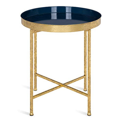 Celia Metal Foldable Round Accent Table, 18.25" x 18.25" x 22", Navy Surface and Gold Frame, Modern Minimalist Design and Detachable Magnetic Tabletop