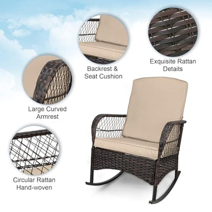 3 pcs Rocking Bistro Set Conversation Chairs PE Wicker Outdoor Rocking Chairs & Glass Table,for Porch Lawn Garden Backyard Deck(Rocking Set,Khaki)