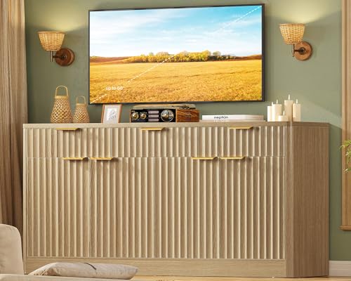 Large Buffet Cabinet with Storage & Drawers, Sideboard Cabinet with 2 Adjustable Shelves & 4 Doors, Coffee Bar Station, Kitchen Storage Cabinets, Natural