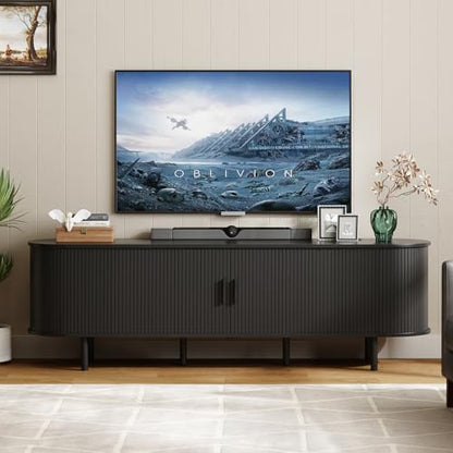 70.8" TV Stand with Power Outlet for TVs up to 75 Inch, Entertainment Center with Storage and Adjustable Shelves, Modern Media Console with Sliding Doors for Living Room, Black