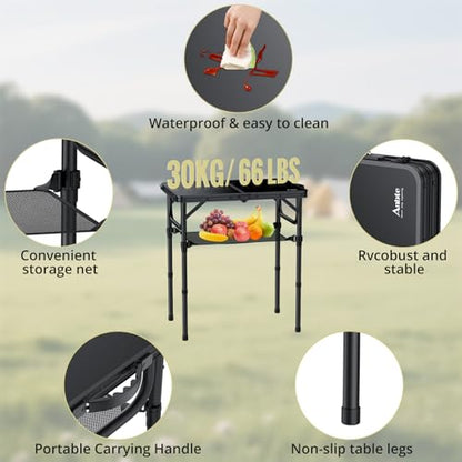 2ft Folding Camping Table with Storage Net, 3 Adjustable Heights Small Folding Table Lightweight & Portable with Carry Handle, for Camping, Fishing, Picnic, Beach, Outdoor, 22.8" x 15.7", Black